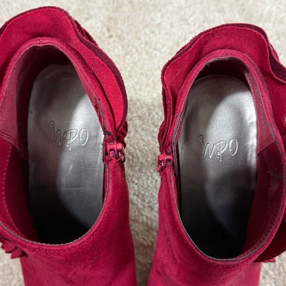 IMPO Red Faux Suede Ankle Boots with Ruffle Detail - Picture 5 of 6
